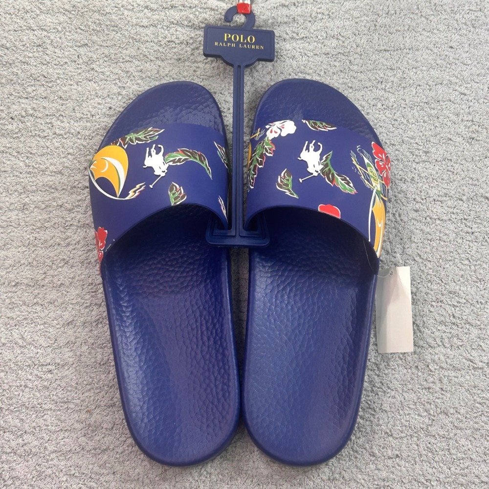 Polo Ralph Lauren Cayson Slide Tropical Navy Blue 12 Men nwt Coastal Nautical